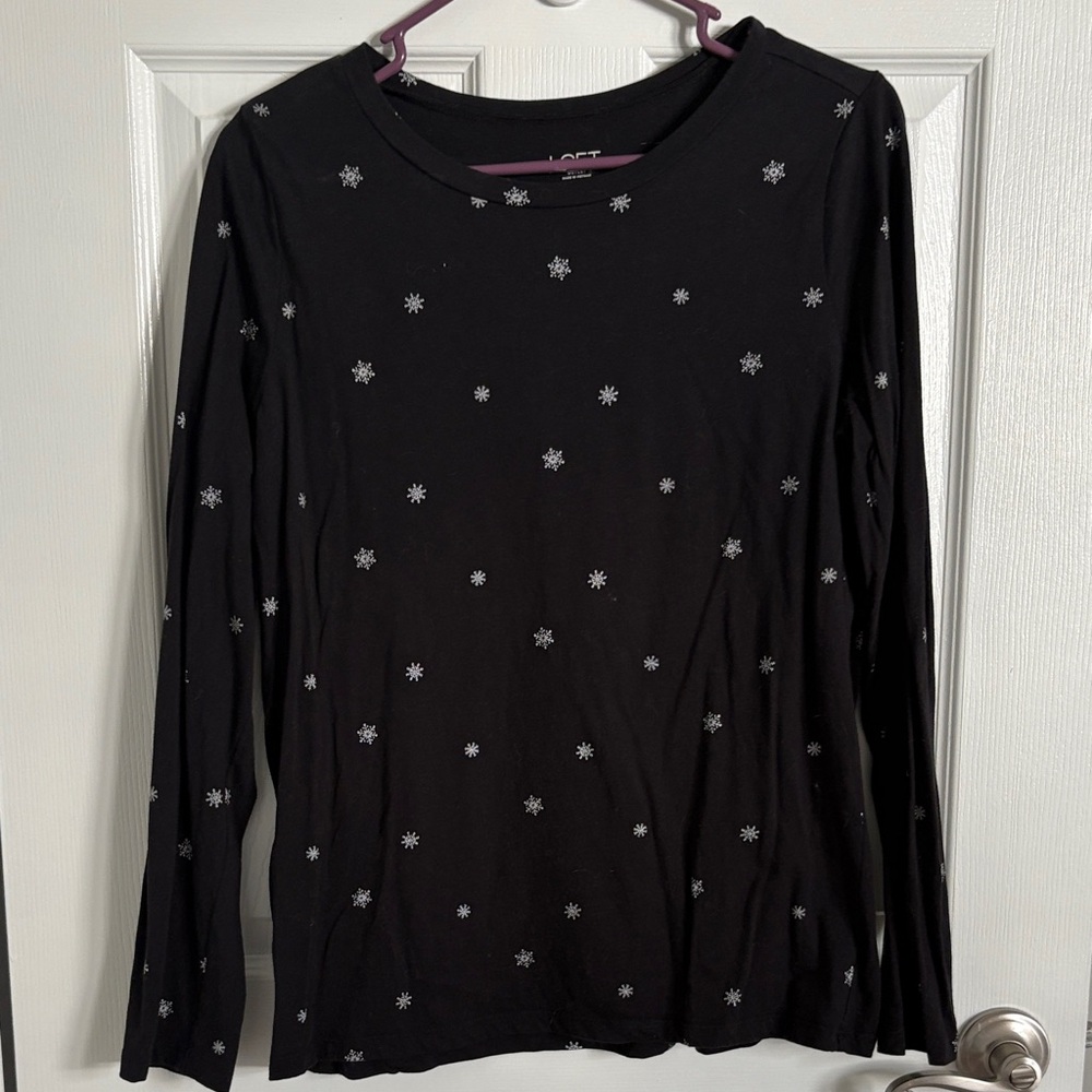 Loft black top with silver snowflakes- large
